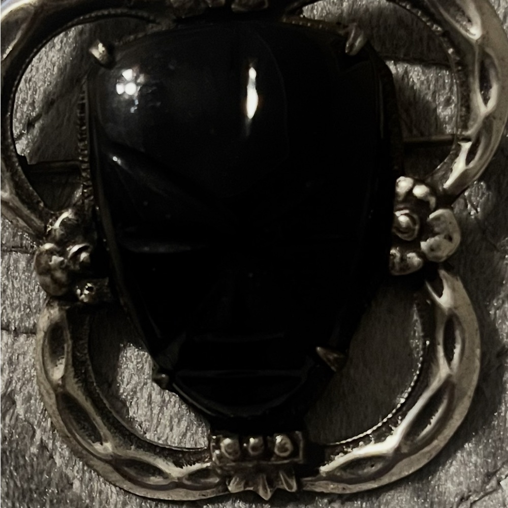 Vintage Aztec Revival Silver Sheen Obsidian Mayan Mask Brooch 1950’s
